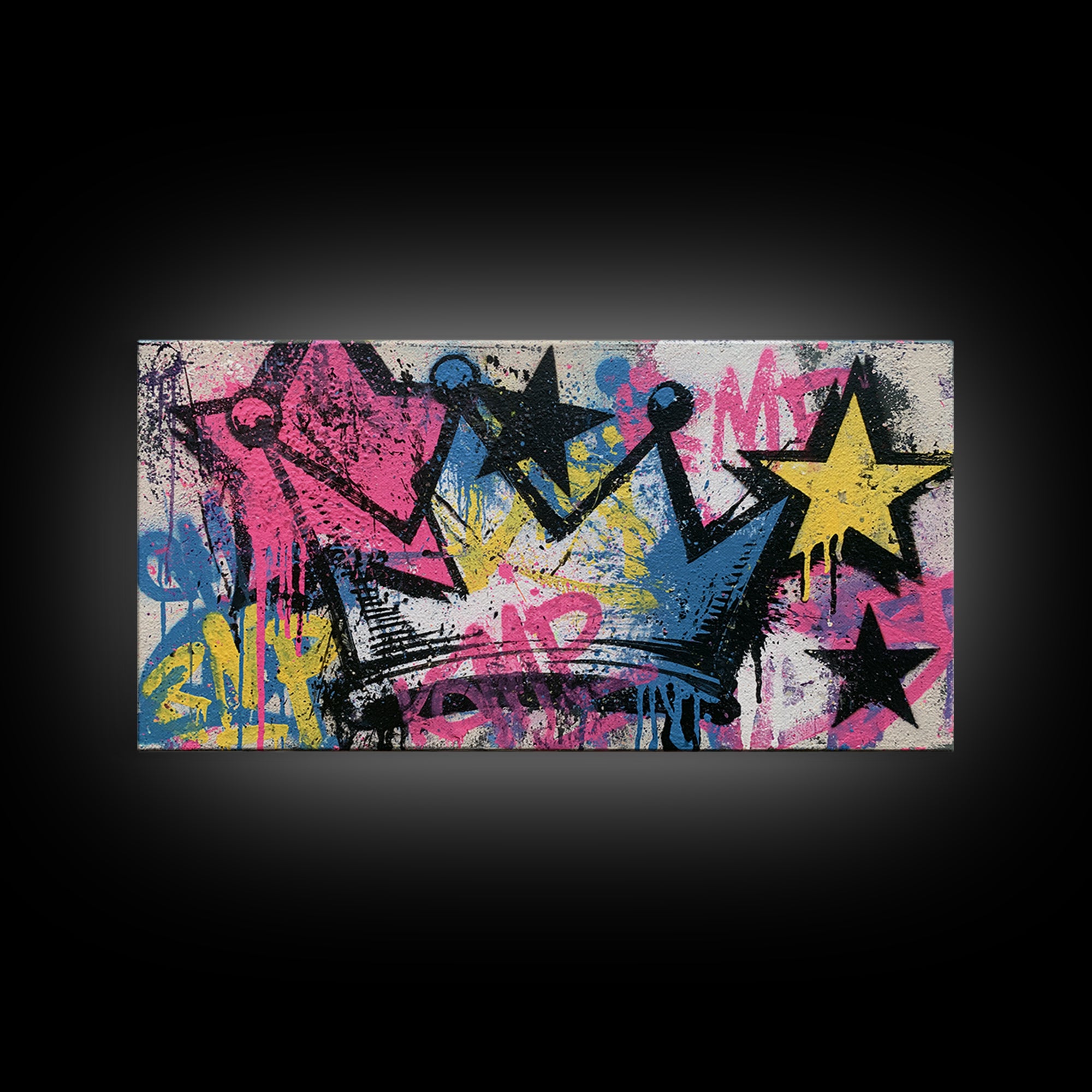 Drippy Crown and Stars Composition Framed Canvas Print, Street Art, Poster, Living Room Decor, Fine Art, Urban, Poster Prints, STR-2x1-40