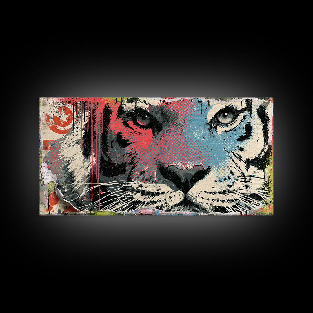 Spray Painted Tiger Face Canvas Print, Street Art, Painting, Living Room Decor, Oil Painting, Urban, Abstract Painting, STR-2x1-52