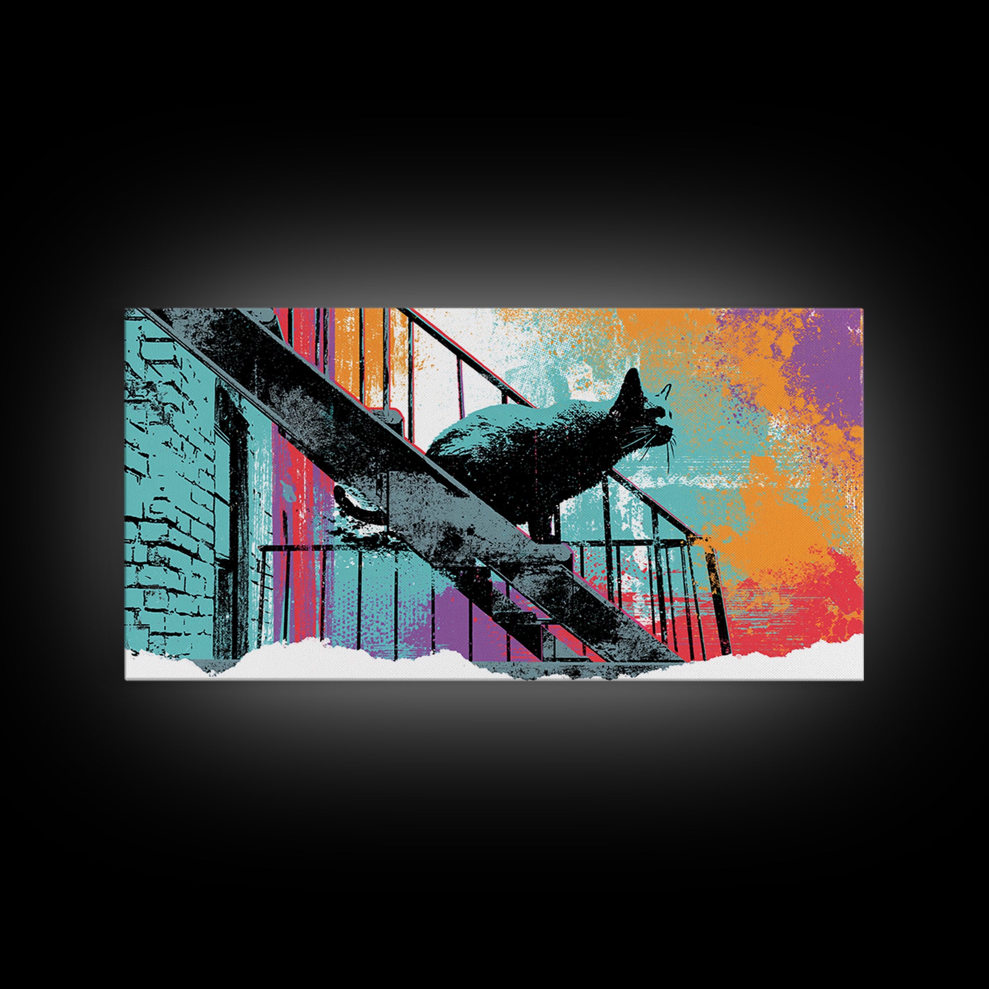Black Cat on Fire Escape Silhouette Canvas Print, Street Art, Abstract Painting, Living Room Decor, Urban, Gallery Decor, STR-2x1-63