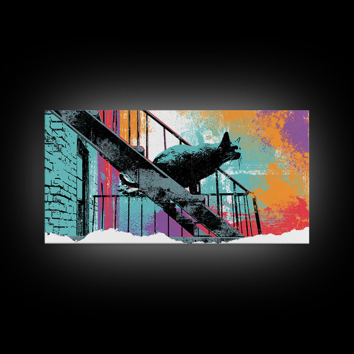 Black Cat on Fire Escape Silhouette Canvas Print, Street Art, Abstract Painting, Living Room Decor, Urban, Gallery Decor, STR-2x1-63