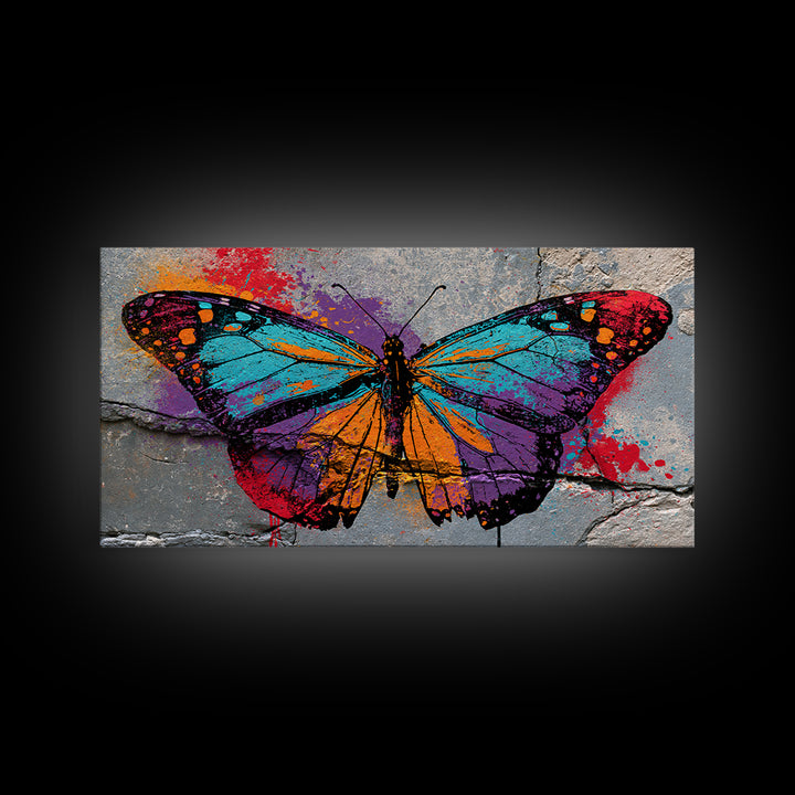 Spray Painted Butterfly on Cracked Concrete Framed Canvas Print, Street Art, Artwork, Living Room Decor, Fine Art, Urban, STR-2x1-91