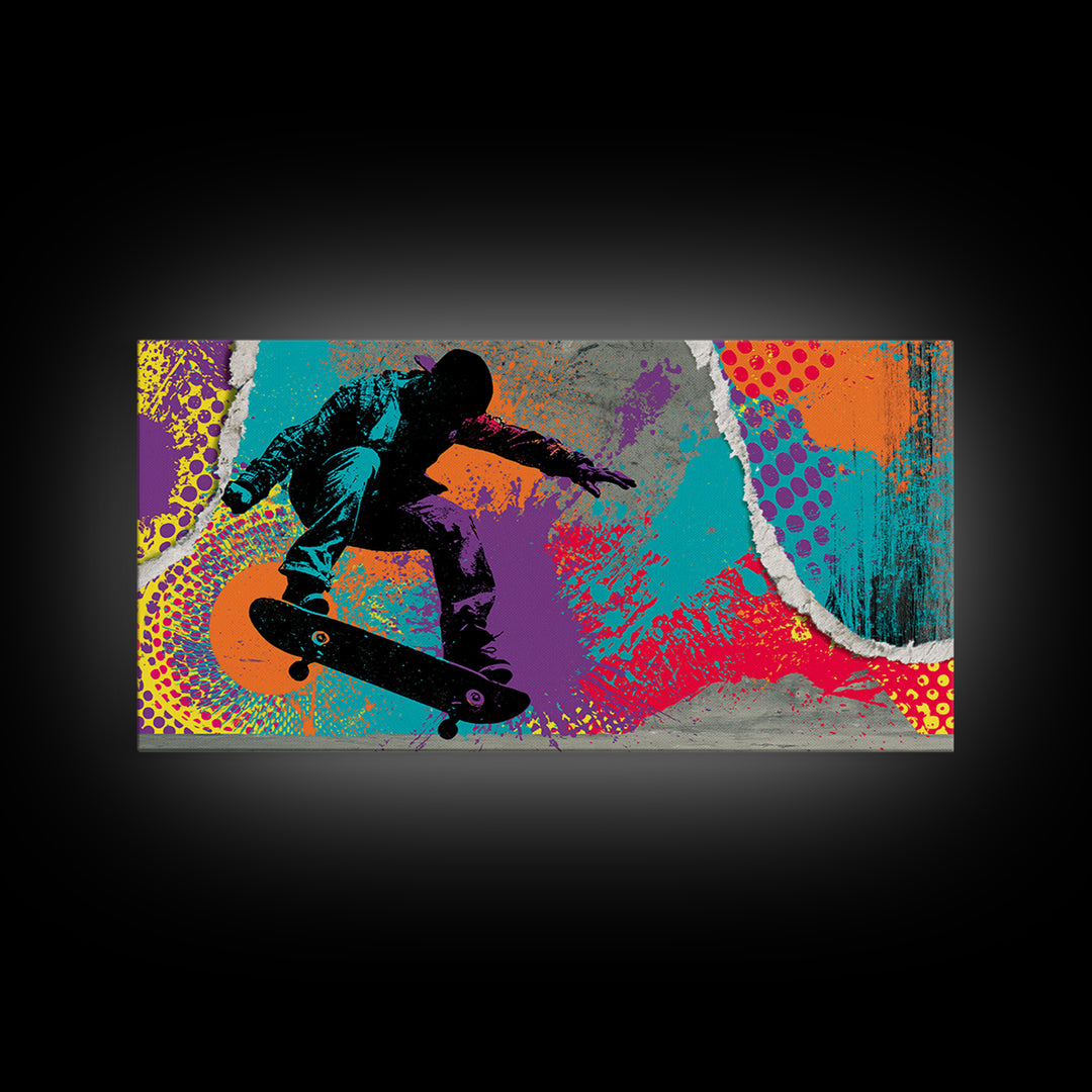 Skateboarder Silhouette over Neon Splashes Framed Canvas Print, Street Art, Neutral Decor, Living Room Decor, Fine Art, Urban, STR-2x1-95