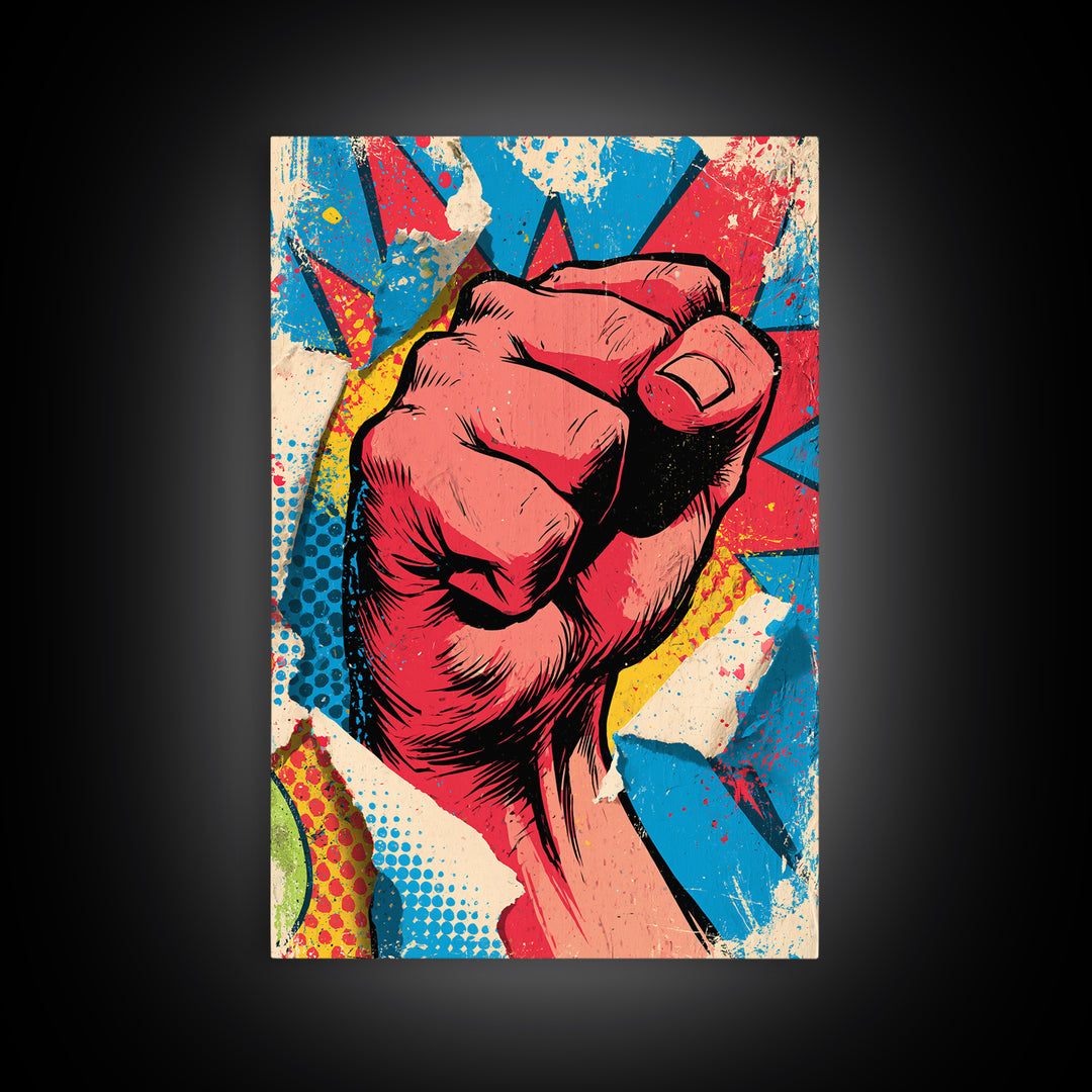 Comic Fist Breaking Through Color Framed Canvas Print, Street Art, Wall Hangings, Living Room Decor, Oil Painting, Urban, STR-2x3-21