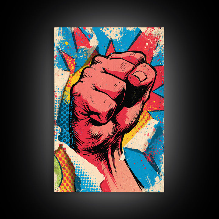 Comic Fist Breaking Through Color Framed Canvas Print, Street Art, Wall Hangings, Living Room Decor, Oil Painting, Urban, STR-2x3-21