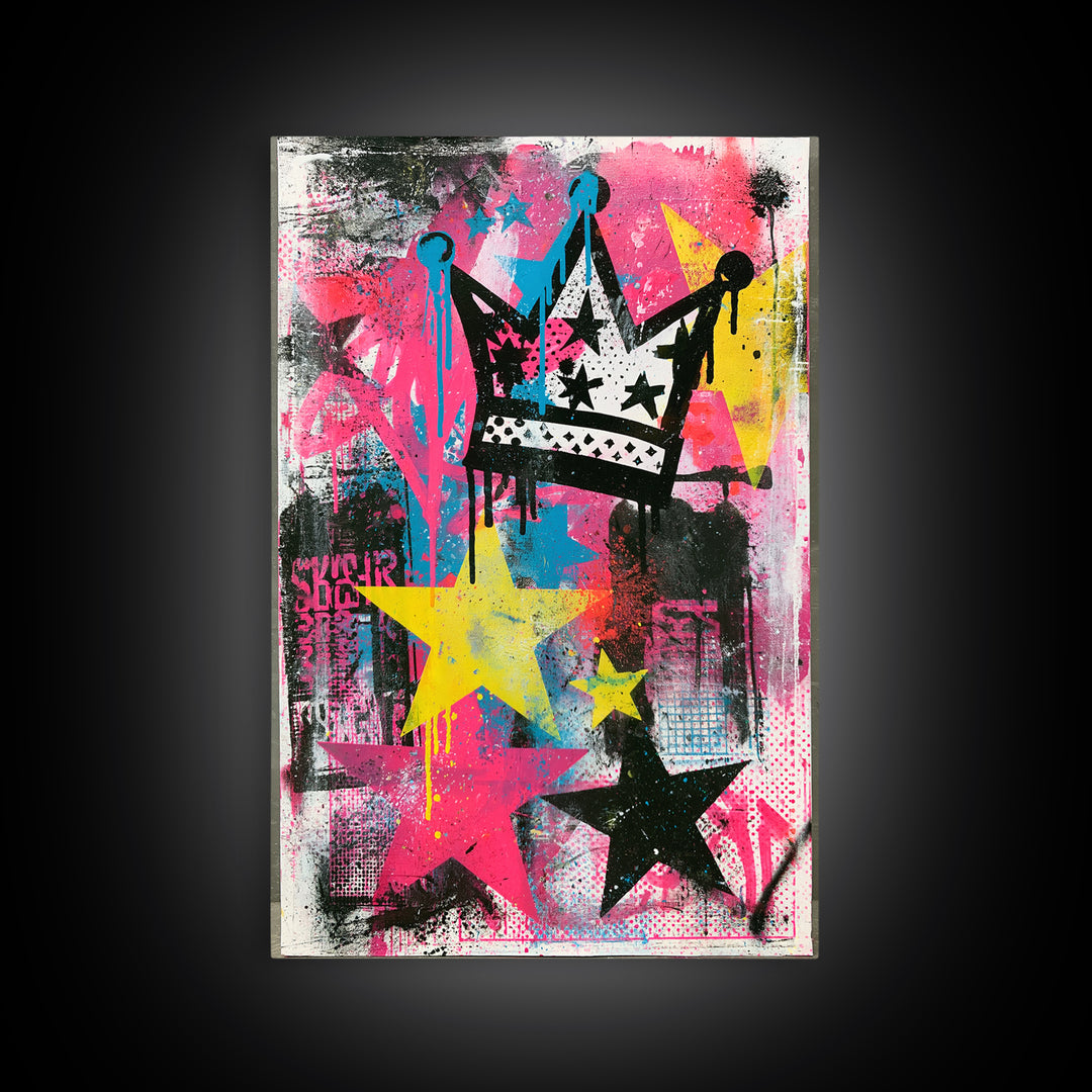 Drippy Crown and Stars Composition Framed Canvas Print, Street Art, Canvas Painting, Living Room Decor, Fine Art, Urban, STR-2x3-28
