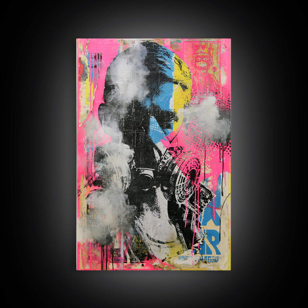 Masked Figure Surrounded by Aerosol Clouds Framed Canvas Print, Street Art, Luxury Decor, Living Room Decor, Fine Art, Urban, STR-2x3-44