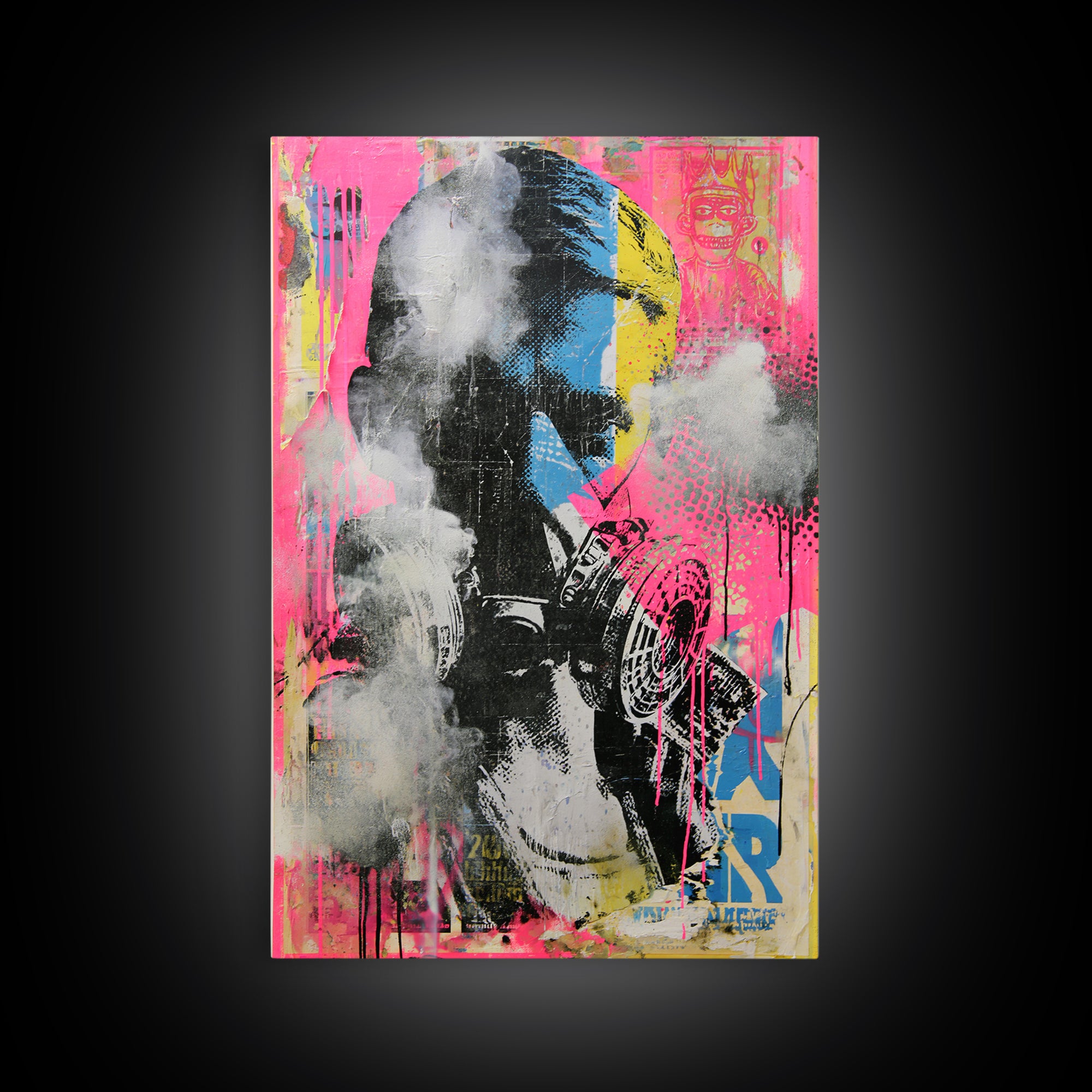 Masked Figure Surrounded by Aerosol Clouds Framed Canvas Print, Street Art, Luxury Decor, Living Room Decor, Fine Art, Urban, STR-2x3-44