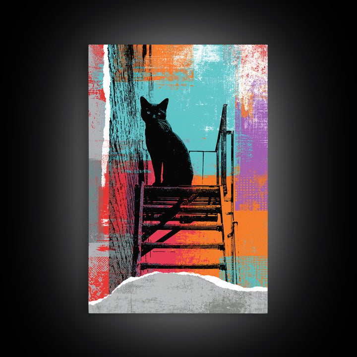 Black Cat on Fire Escape Silhouette Framed Canvas Print, Street Art, Wall Hangings, Living Room Decor, Oil Painting, Urban, STR-2x3-51