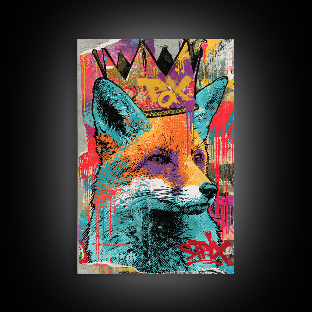 Urban Fox Wearing a Crown of Spray Canvas Print, Street Art, Artwork, Living Room Decor, Urban, Pop Art, Banksy Wall Art, STR-2x3-58