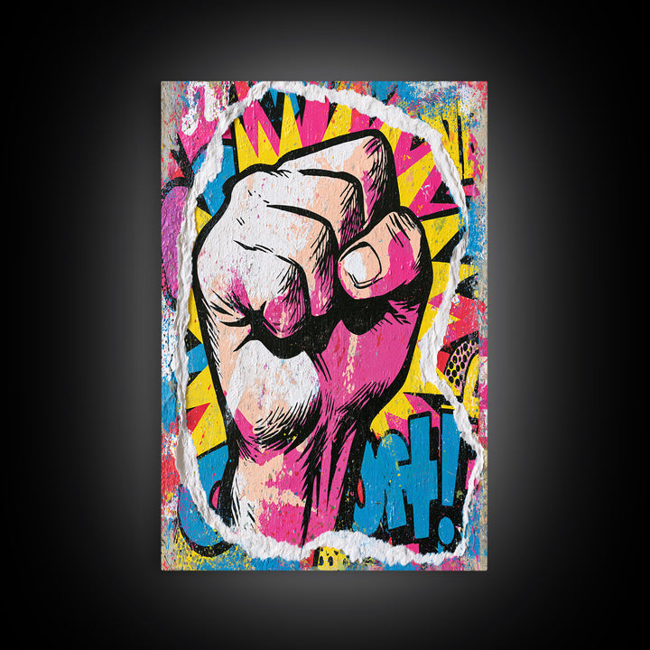 Comic Fist Breaking Through Color Framed Canvas Print, Street Art, Abstract Painting, Living Room Decor, Fine Art, Urban, STR-2x3-69