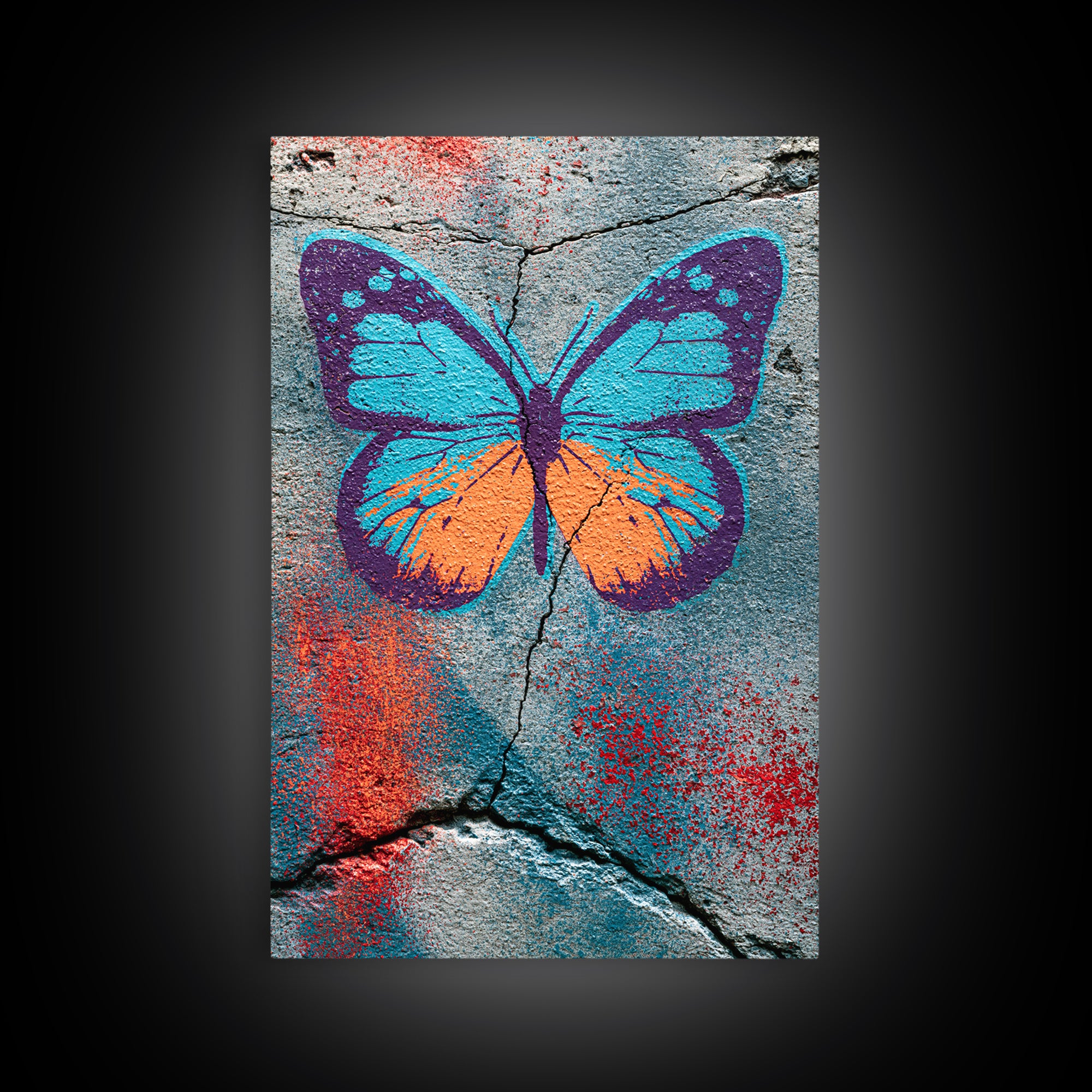 Spray Painted Butterfly on Cracked Concrete Canvas Print, Street Art, Abstract Art, Living Room Decor, Fine Art, Urban, STR-2x3-79