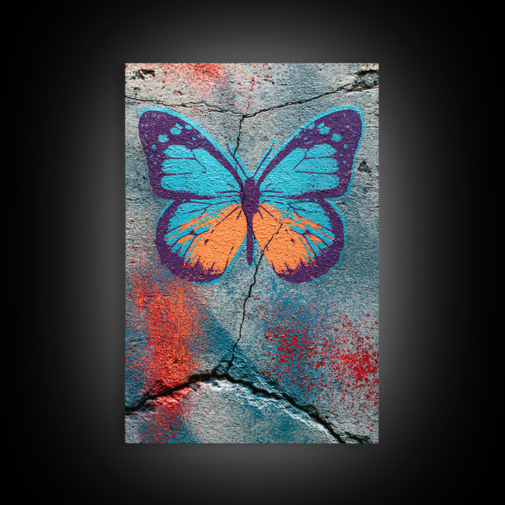 Spray Painted Butterfly on Cracked Concrete Canvas Print, Street Art, Abstract Art, Living Room Decor, Fine Art, Urban, STR-2x3-79
