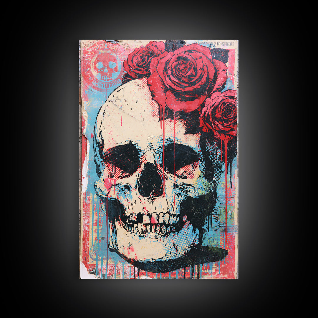 Skull with Roses in Street Mural Style Canvas Print, Street Art, Abstract Painting, Living Room Decor, Fine Art, Urban, STR-2x3-96