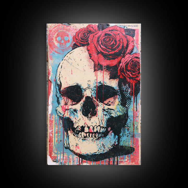 Skull with Roses in Street Mural Style Canvas Print, Street Art, Abstract Painting, Living Room Decor, Fine Art, Urban, STR-2x3-96