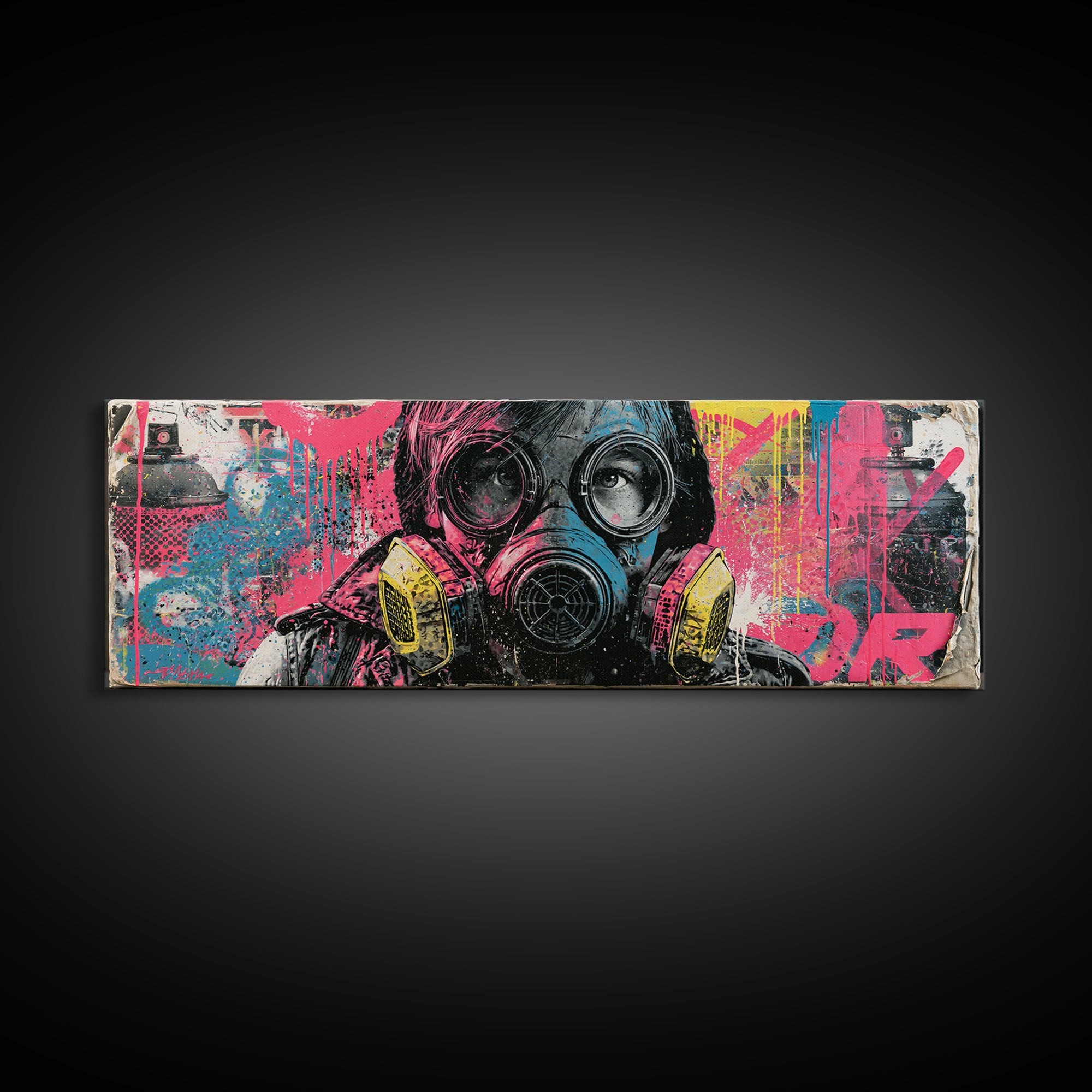 Masked Figure Surrounded by Aerosol Clouds Canvas Print, Street Art, Textured Painting, Living Room Decor, Fine Art, Urban, STR-3x1-100