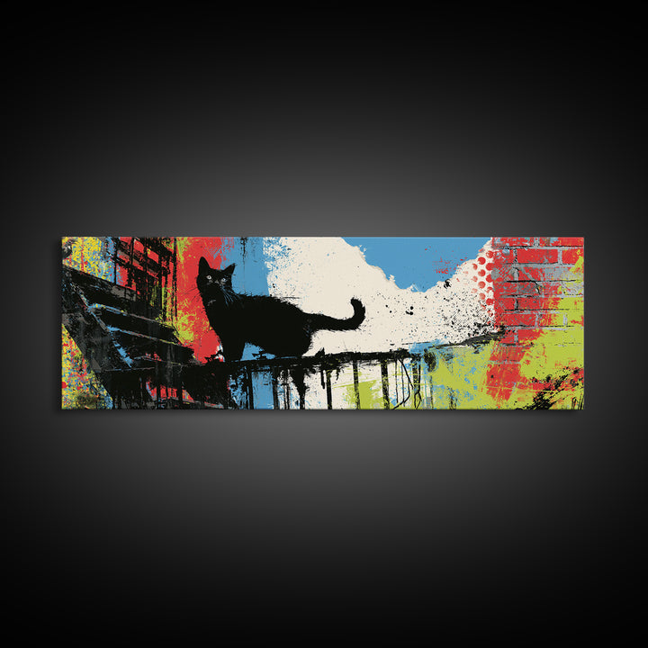 Black Cat on Fire Escape Silhouette Canvas Print, Street Art, Graffiti Art, Living Room Decor, Watercolor Art, Urban, STR-3x1-11