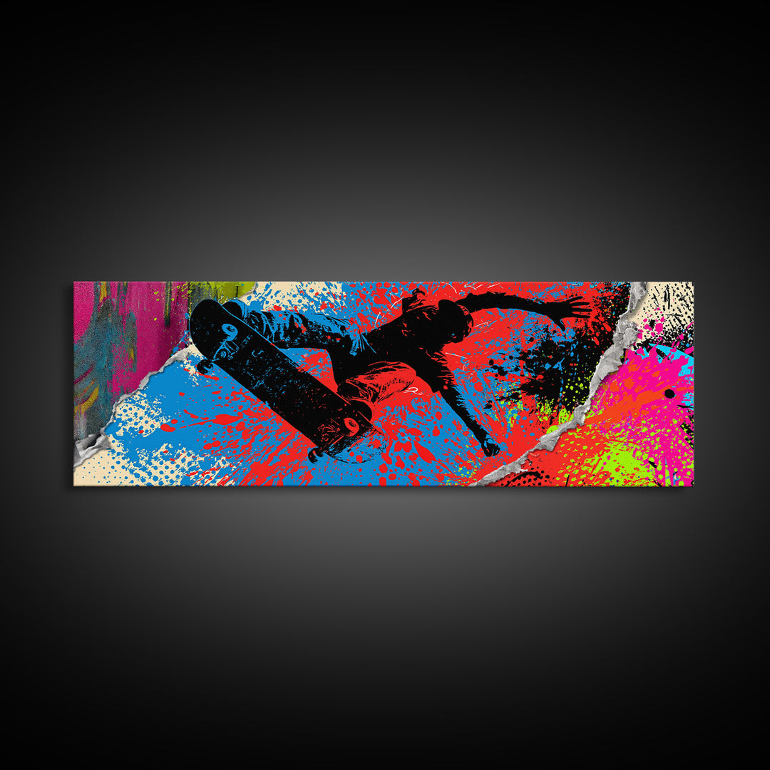 Skateboarder Silhouette over Neon Splashes Canvas Print, Street Art, Custom Portrait, Living Room Decor, Fine Art, Urban, STR-3x1-43