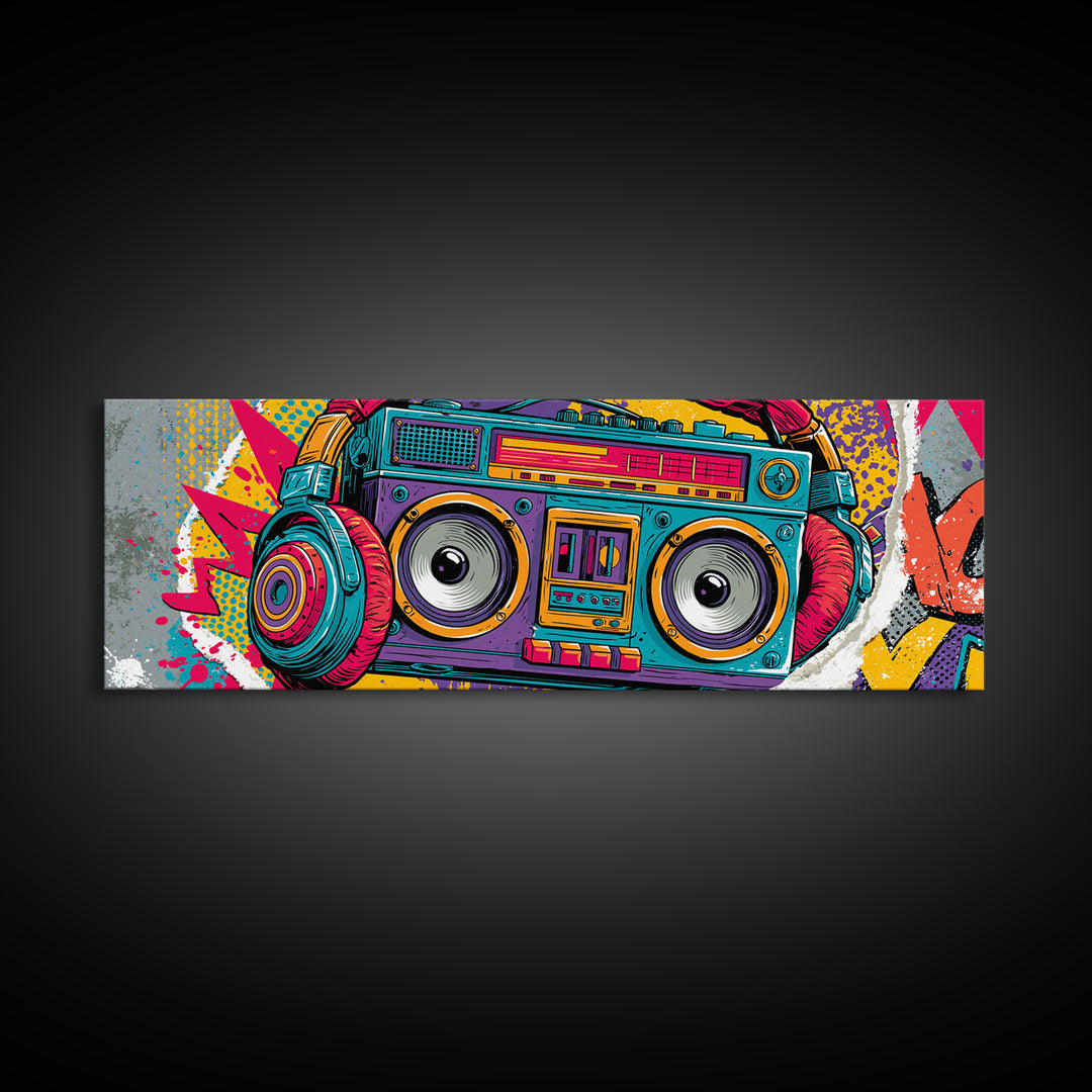 Boombox and Headphones Framed Canvas Print, Street Art, Neutral Decor, Living Room Decor, Fine Art, Urban, Home Decor, STR-3x1-73