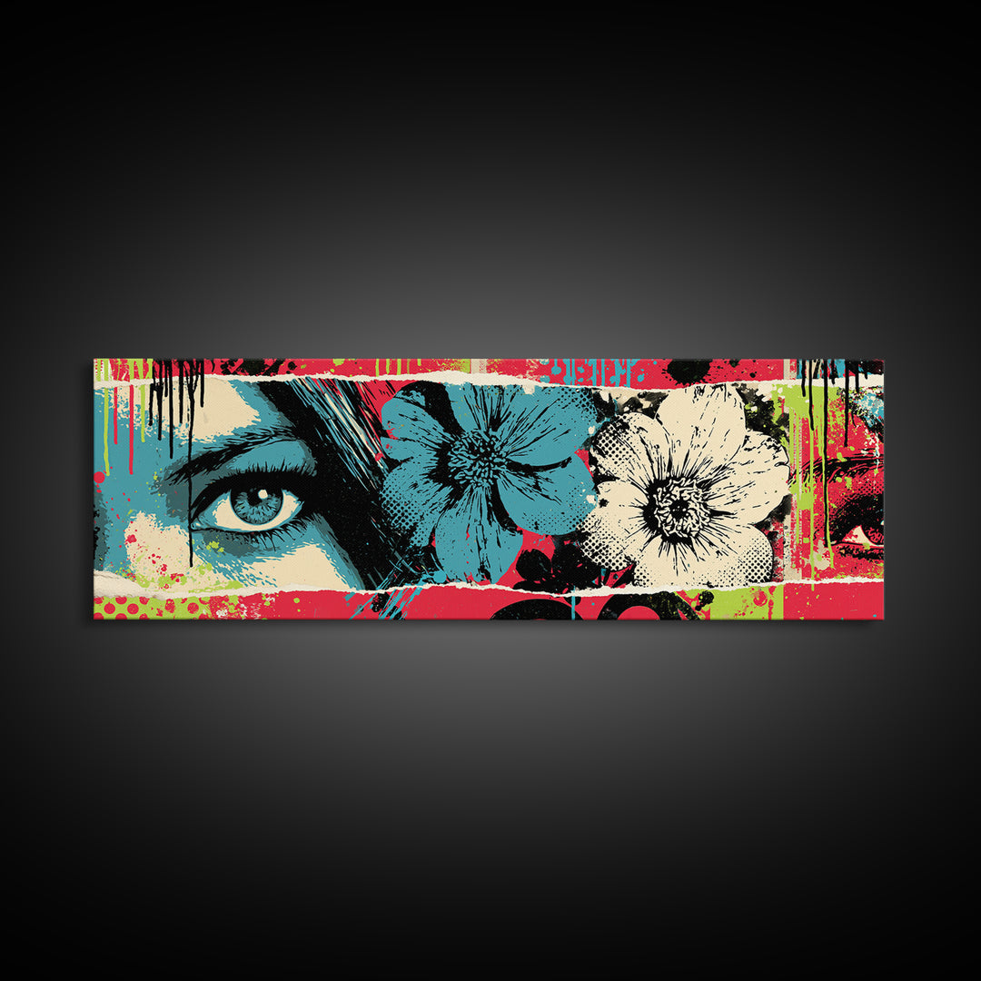 Paste Up Collage of Flowers and Eyes Framed Canvas Print, Street Art, Bar Art, Living Room Decor, Urban, Fine Art Print, STR-3x1-74