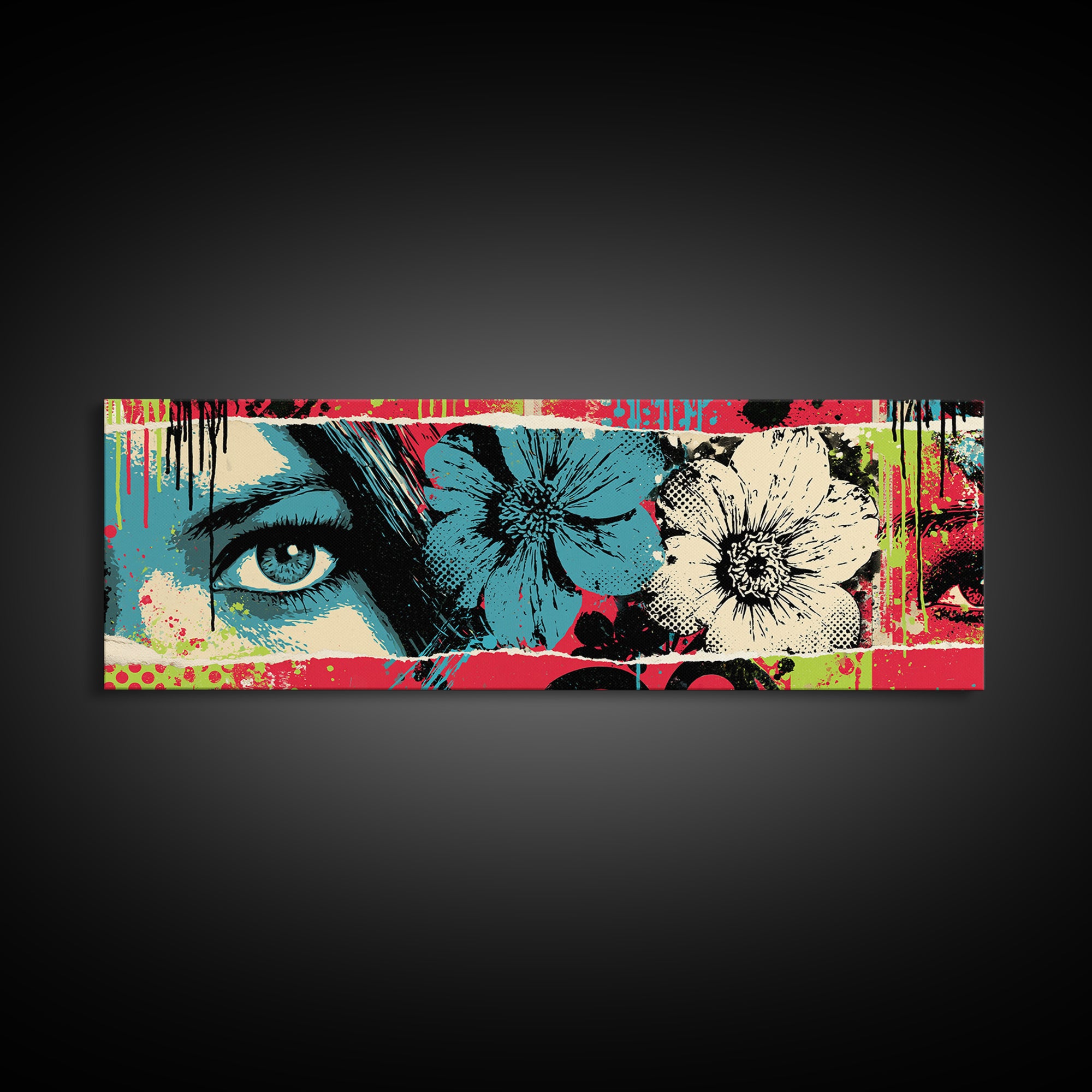 Paste Up Collage of Flowers and Eyes Framed Canvas Print, Street Art, Bar Art, Living Room Decor, Urban, Fine Art Print, STR-3x1-74