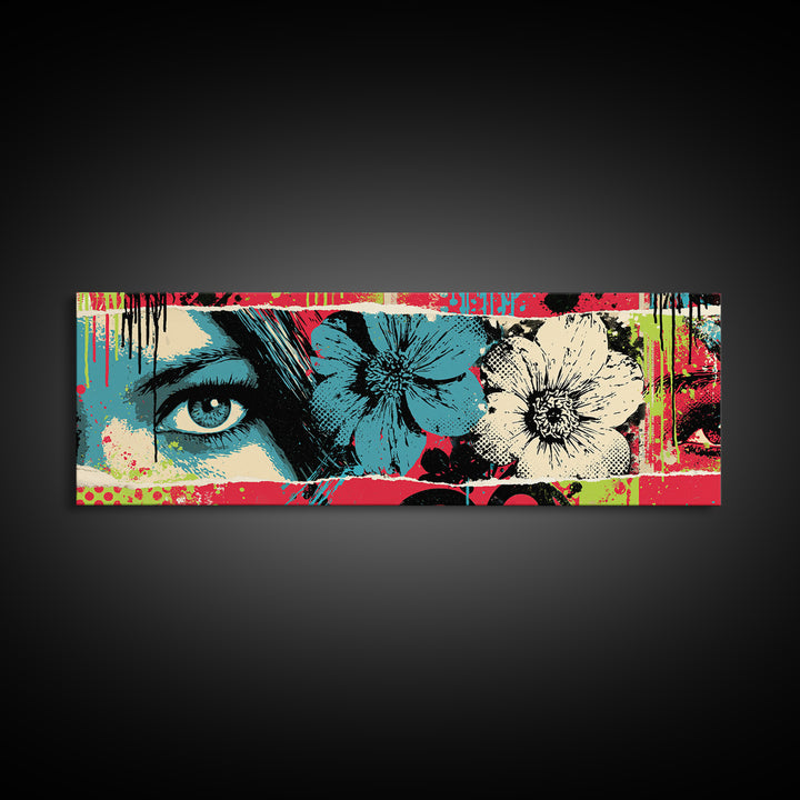 Paste Up Collage of Flowers and Eyes Framed Canvas Print, Street Art, Bar Art, Living Room Decor, Urban, Fine Art Print, STR-3x1-74
