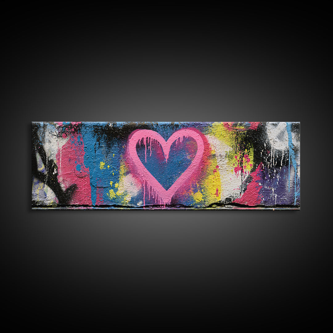 Neon Heart with Rough Drips Canvas Print, Street Art, Abstract Art, Living Room Decor, Urban, Anime Art, Original Artwork, STR-3x1-75