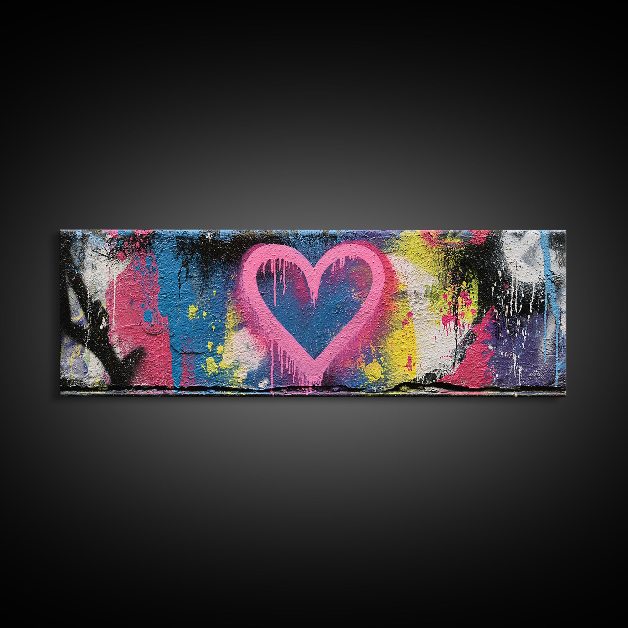 Neon Heart with Rough Drips Canvas Print, Street Art, Abstract Art, Living Room Decor, Urban, Anime Art, Original Artwork, STR-3x1-75