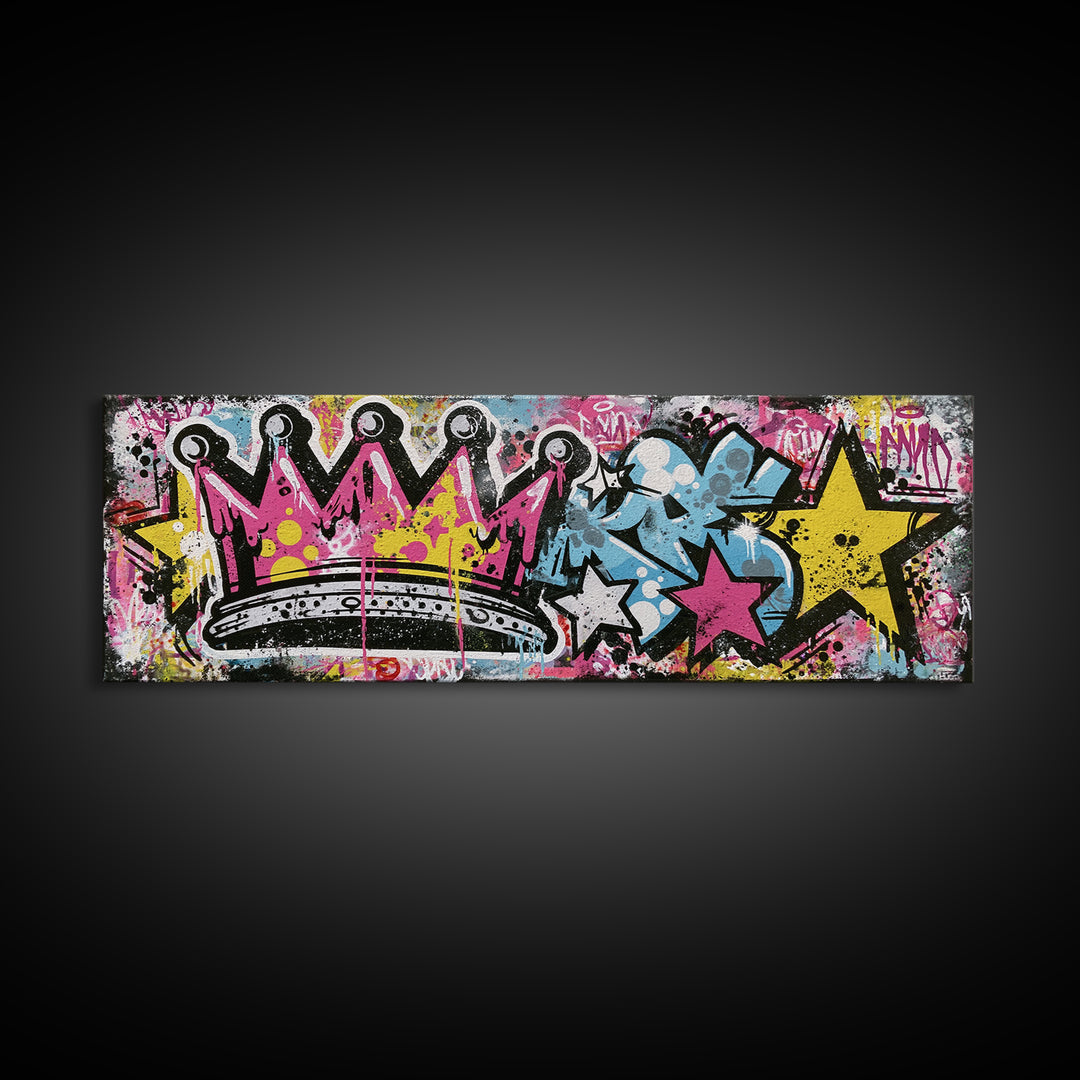 Drippy Crown and Stars Composition Framed Canvas Print, Street Art, Painting, Living Room Decor, Urban, Abstract Painting, STR-3x1-84