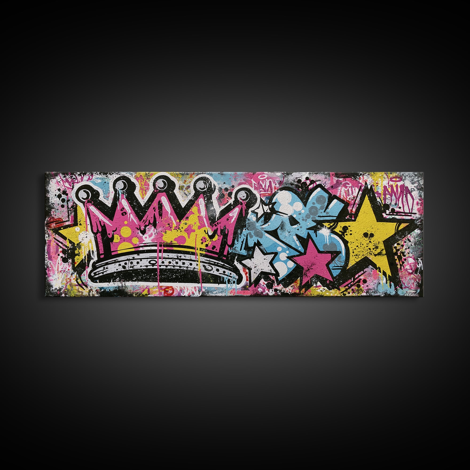 Drippy Crown and Stars Composition Framed Canvas Print, Street Art, Painting, Living Room Decor, Urban, Abstract Painting, STR-3x1-84