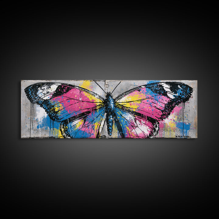 Spray Painted Butterfly on Cracked Concrete Framed Canvas Print, Street Art, Artwork, Living Room Decor, Fine Art, Urban, STR-3x1-87