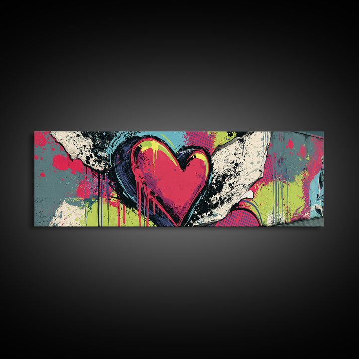 Neon Heart with Rough Drips Framed Canvas Print, Street Art, Canvas, Living Room Decor, Fine Art, Urban, Colorful Wall Art, STR-3x1-99