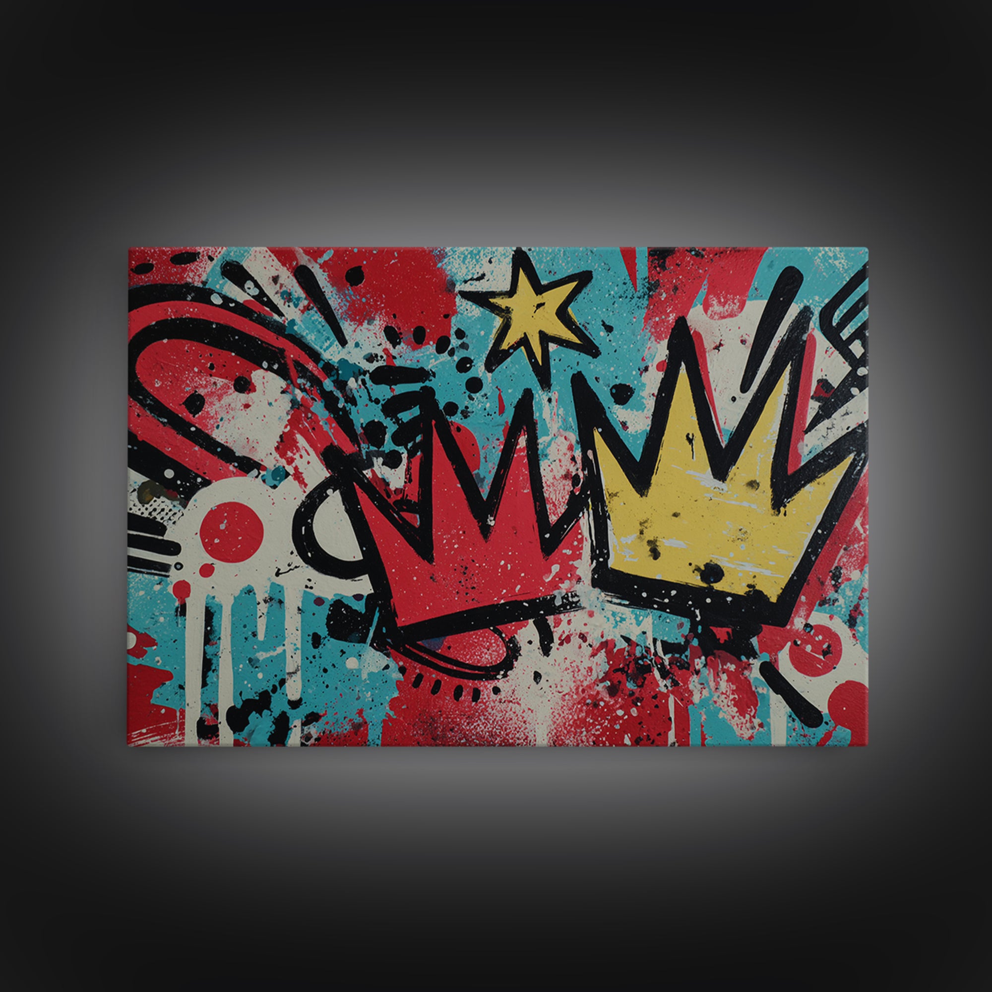 Drippy Crown and Stars Composition Framed Canvas Print, Street Art, Abstract, Living Room Decor, Fine Art, Urban, Luxury Decor, STR-3x2-24