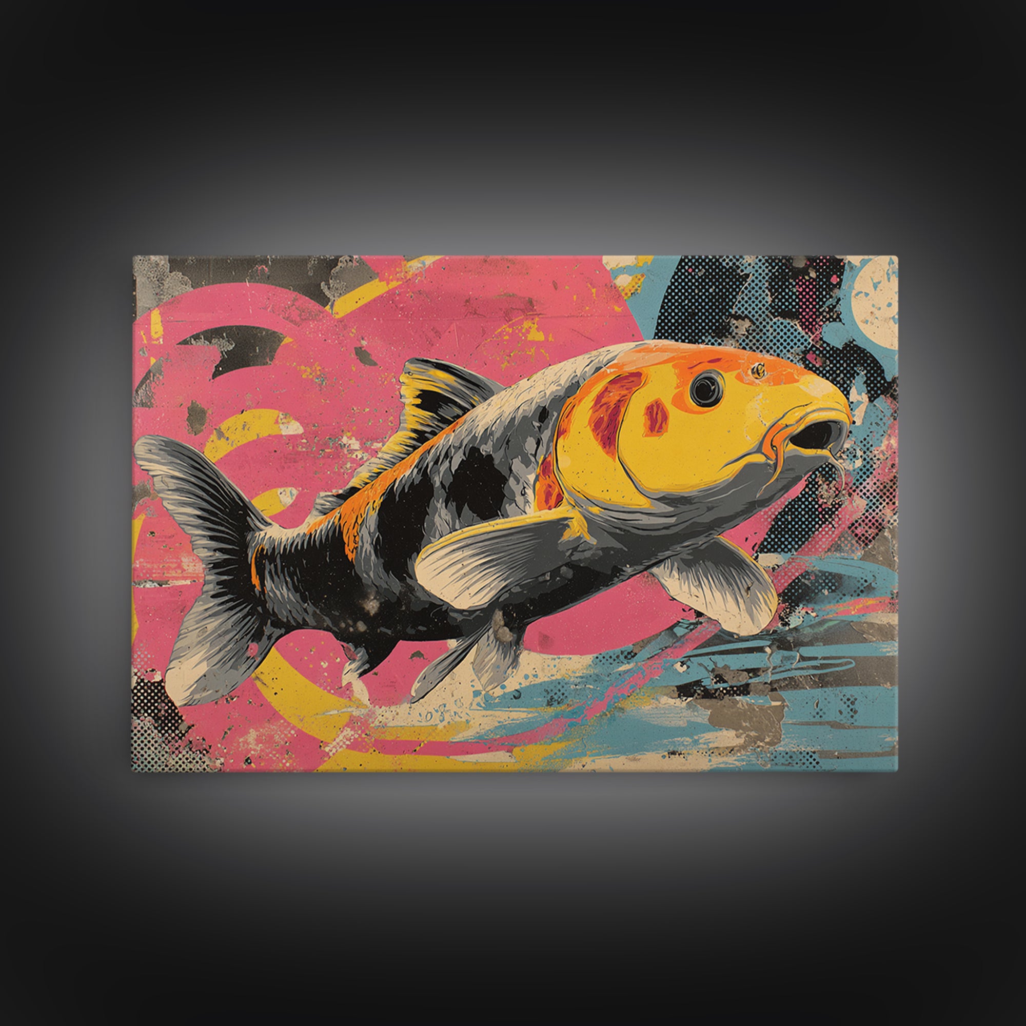 Graffiti Koi Swimming Through Color Swirls Framed Canvas Print, Street Art, Anime Art, Living Room Decor, Abstract Art, Urban, STR-3x2-25