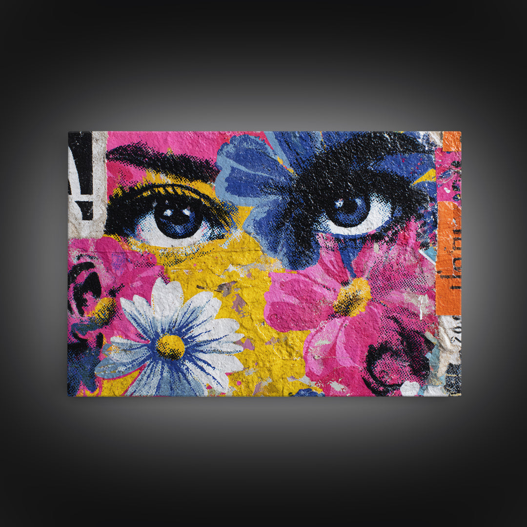 Paste Up Collage of Flowers and Eyes Canvas Print, Street Art, Abstract Painting, Living Room Decor, Watercolor Art, Urban, STR-3x2-38