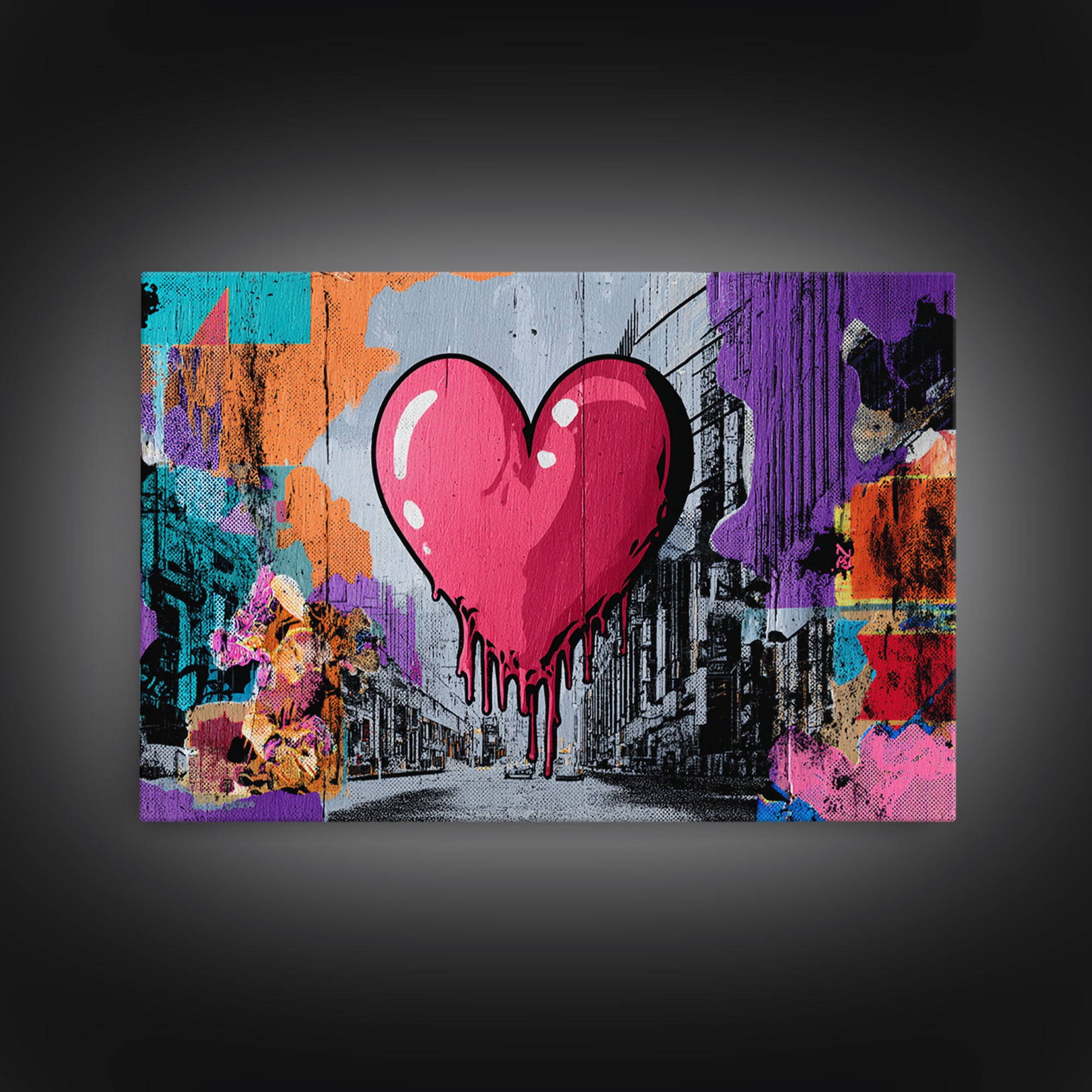 Neon Heart with Rough Drips Framed Canvas Print, Street Art, Minimalist Decor, Living Room Decor, Fine Art, Urban, Original Art, STR-3x2-39