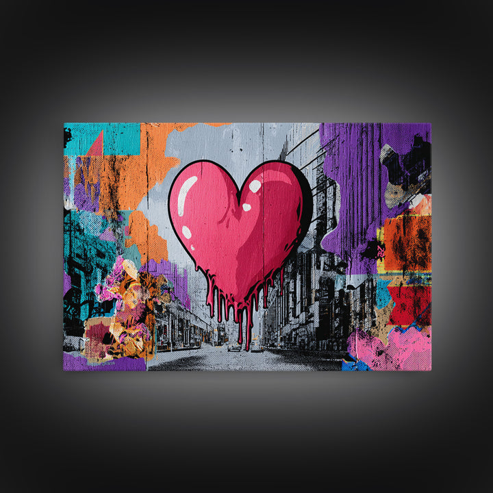 Neon Heart with Rough Drips Framed Canvas Print, Street Art, Minimalist Decor, Living Room Decor, Fine Art, Urban, Original Art, STR-3x2-39