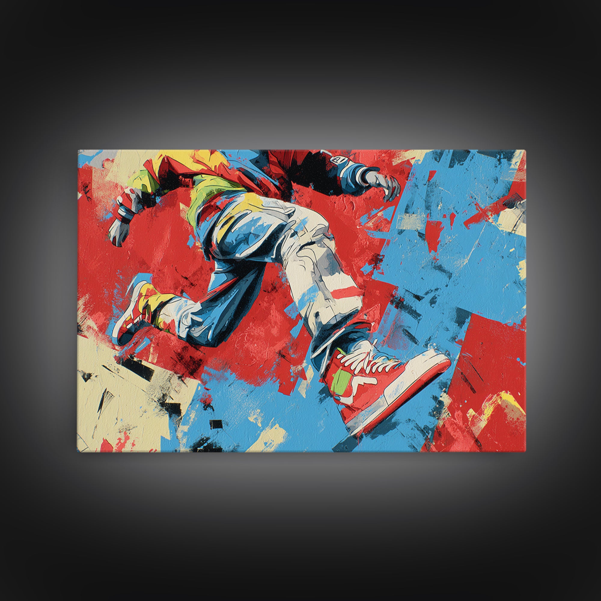 Breakdancer Frozen in Energetic Motion Framed Canvas Print, Street Art, Colorful Wall Art, Living Room Decor, Fine Art, Urban, STR-3x2-46