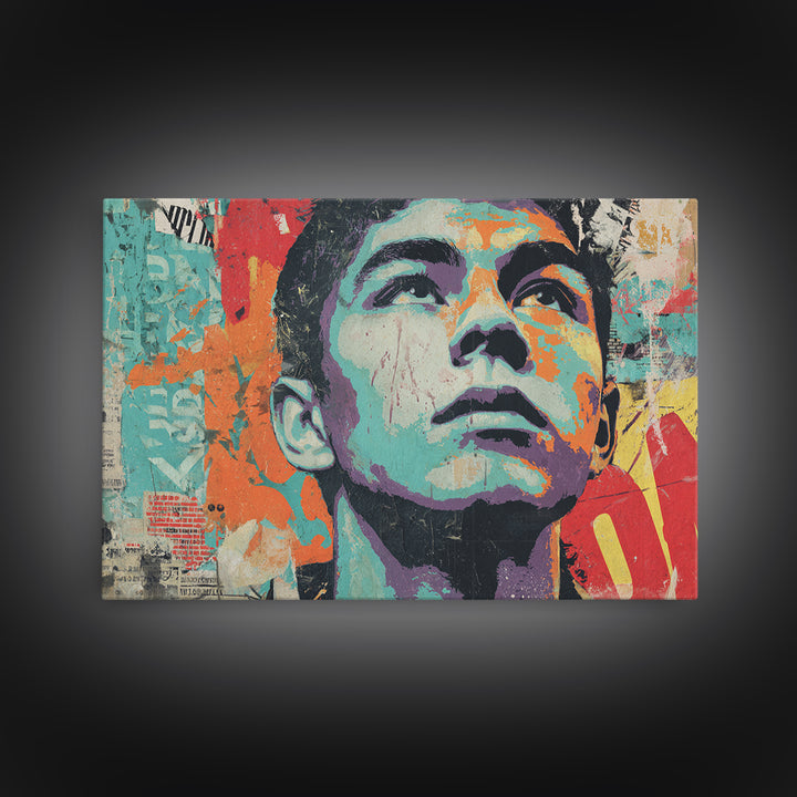 Bold Stencil Portrait Framed Canvas Print, Street Art, Original Artwork, Living Room Decor, Fine Art, Urban, Textured Painting, STR-3x2-5