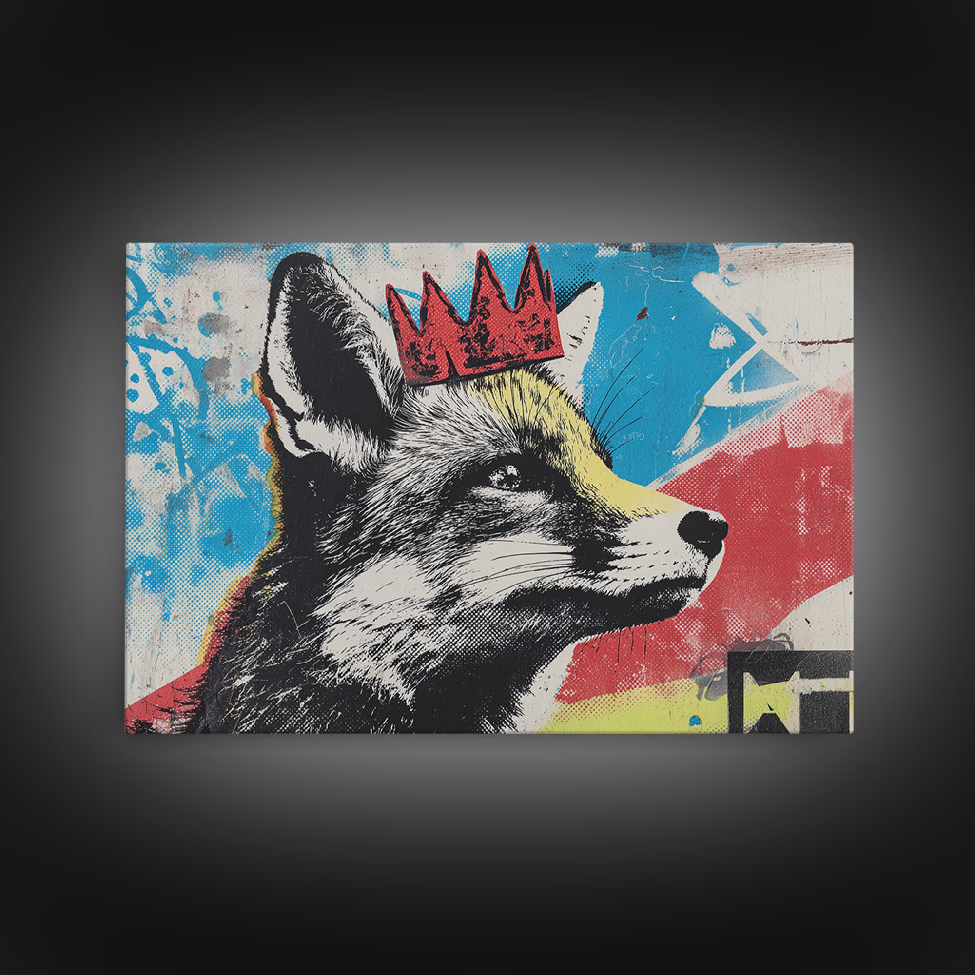 Urban Fox Wearing a Crown of Spray Framed Canvas Print, Street Art, Modern Wall Art, Living Room Decor, Fine Art, Urban, STR-3x2-6
