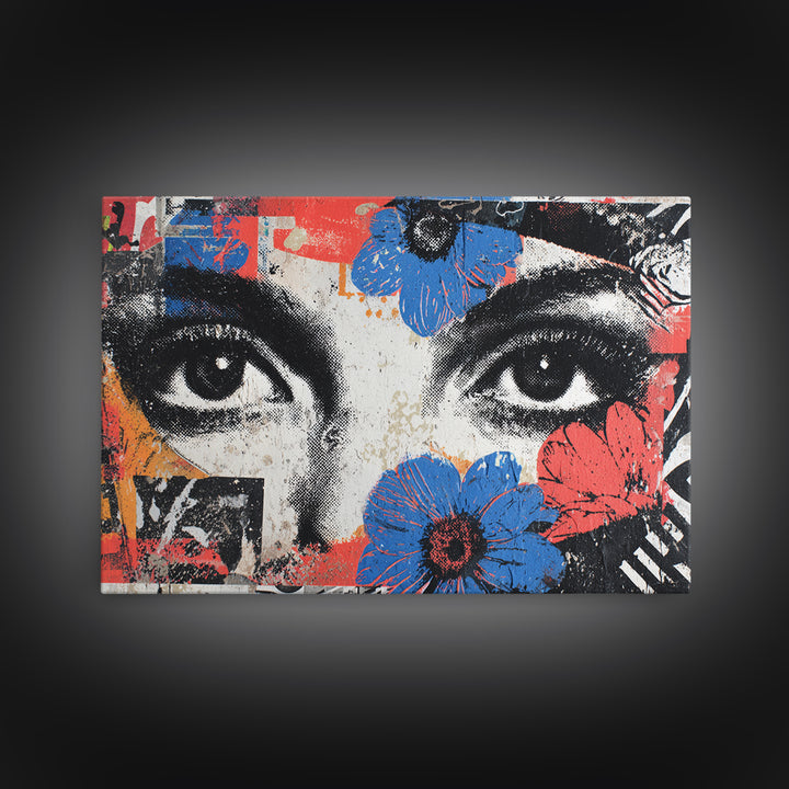 Paste Up Collage of Flowers and Eyes Canvas Print, Street Art, Abstract Painting, Living Room Decor, Watercolor Art, Urban, STR-3x2-62