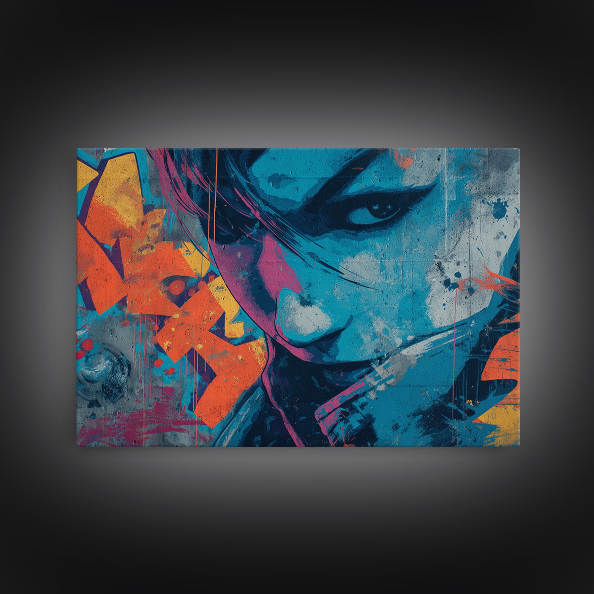 Masked Figure Surrounded by Aerosol Clouds Framed Canvas Print, Street Art, Textured Painting, Living Room Decor, Urban, STR-3x2-64