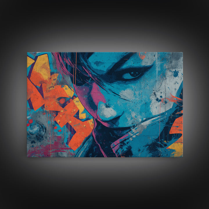 Masked Figure Surrounded by Aerosol Clouds Framed Canvas Print, Street Art, Textured Painting, Living Room Decor, Urban, STR-3x2-64