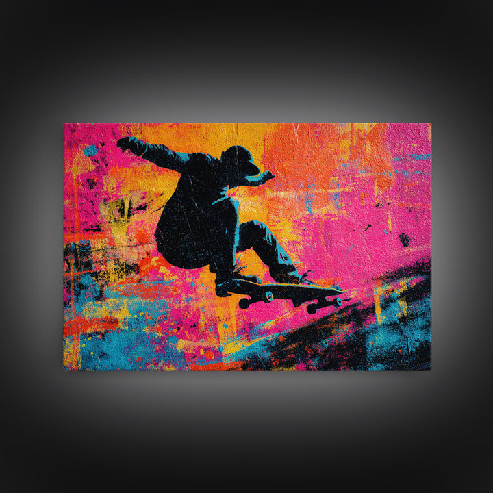 Skateboarder Silhouette over Neon Splashes Framed Canvas Print, Street Art, Original Art, Living Room Decor, Abstract Art, STR-3x2-7