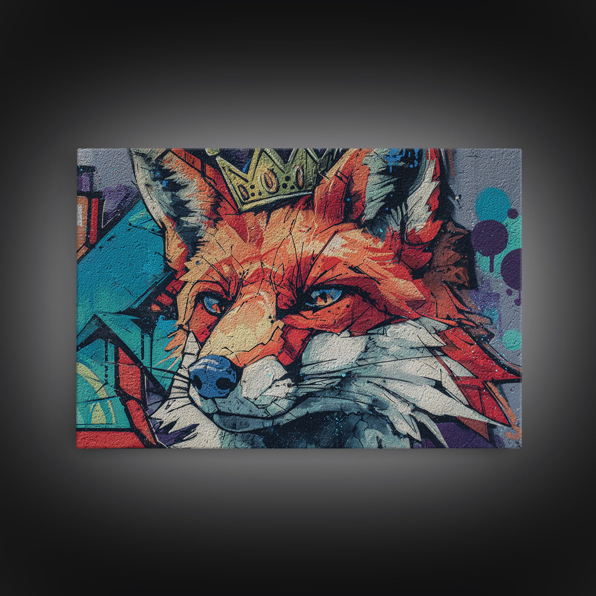 Urban Fox Wearing a Crown of Spray Framed Canvas Print, Street Art, Contemporary Art, Living Room Decor, Fine Art, Urban, STR-3x2-78