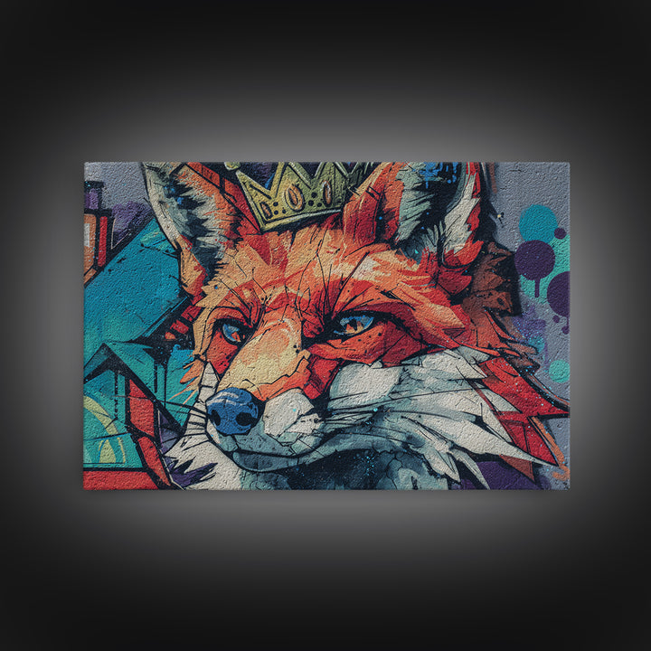 Urban Fox Wearing a Crown of Spray Framed Canvas Print, Street Art, Contemporary Art, Living Room Decor, Fine Art, Urban, STR-3x2-78