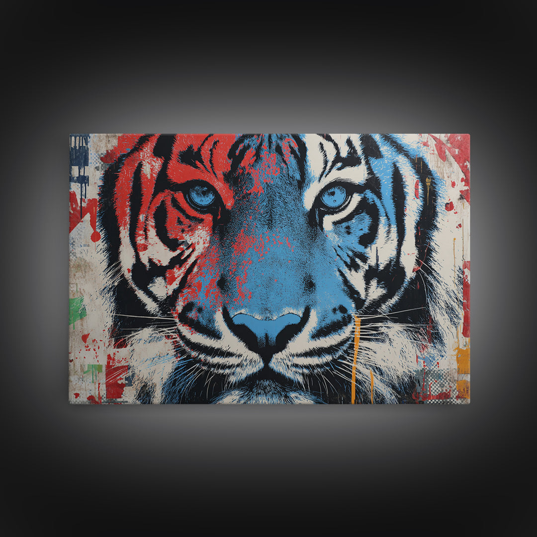 Spray Painted Tiger Face Canvas Print, Street Art, Poster, Living Room Decor, Urban, Poster Prints, Watercolor Painting, STR-3x2-84