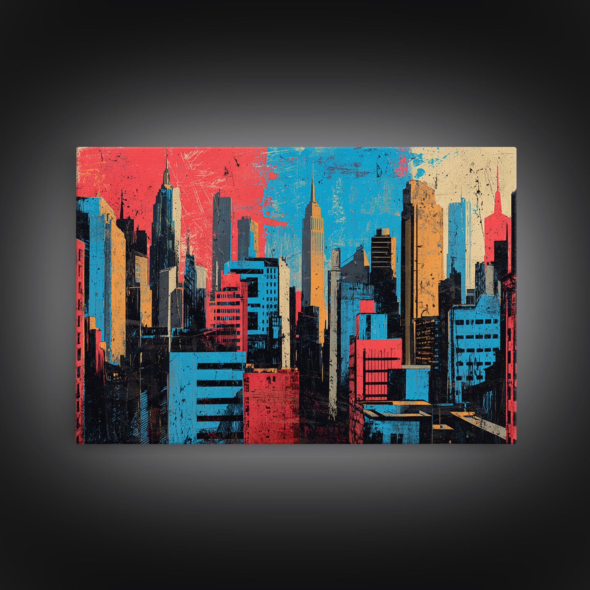 Urban Skyline Made from Stencil Layers Framed Canvas Print, Street Art, Abstract, Living Room Decor, Abstract Art, Urban, STR-3x2-90
