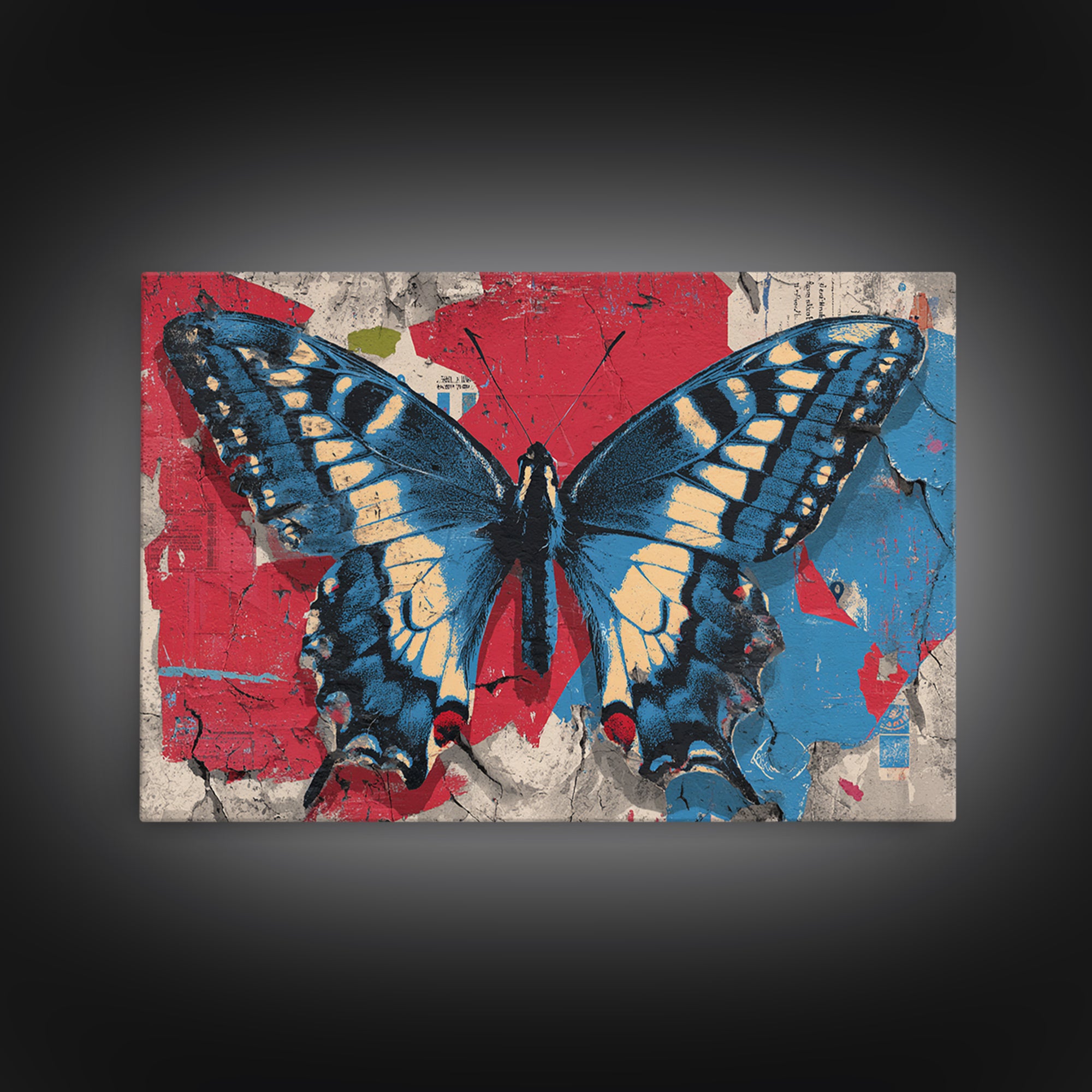 Spray Painted Butterfly on Cracked Concrete Framed Canvas Print, Street Art, Artwork, Living Room Decor, Fine Art, Urban, STR-3x2-99