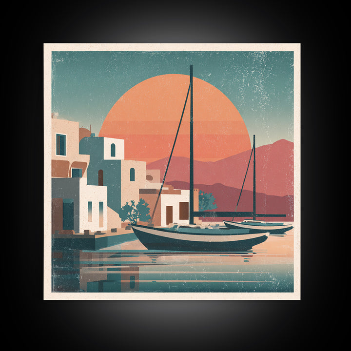 Greek Island Sailboat and Sun Poster Framed Canvas Print, Travel Poster(2), Luxury Decor, Living Room Decor, Fine Art, Voyage, TPO-1x1-40