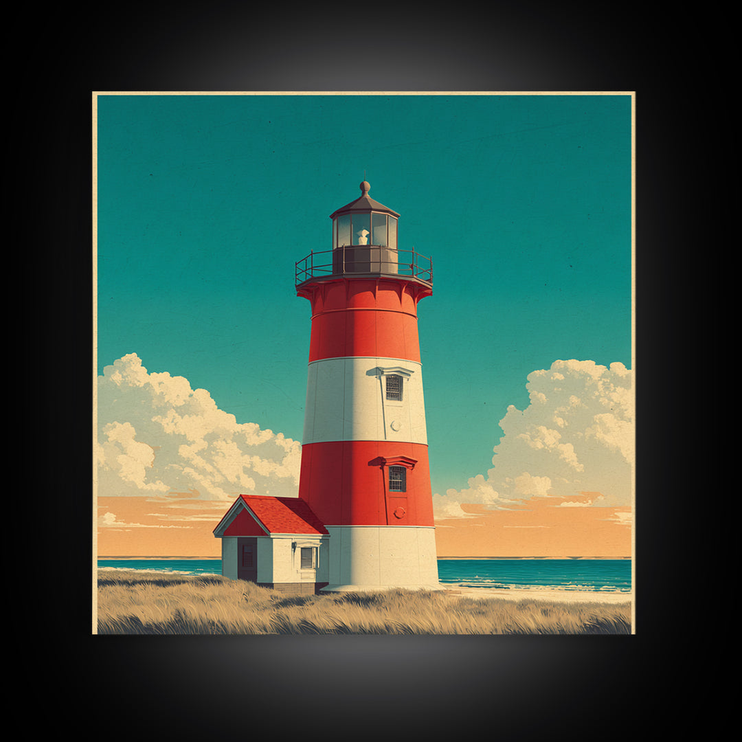 Cape Cod Lighthouse Summer Poster Framed Canvas Print, Travel Poster(2), Mid Century Wall Art, Living Room Decor, Voyage, TPO-1x1-42